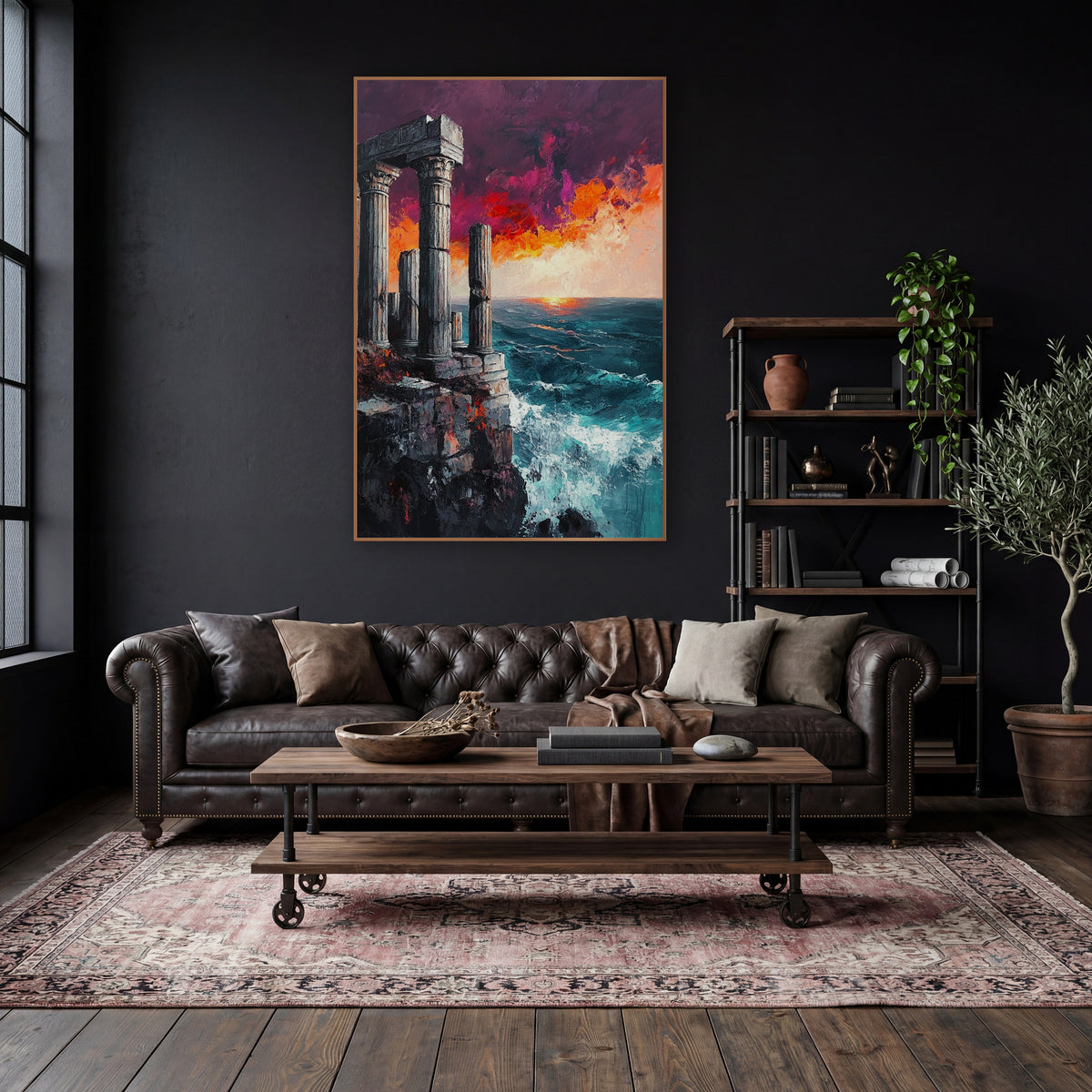 Cliffside Temple Ruins Seascape Dramatic wall art in a moody dark academia room – classical stone columns on a rocky