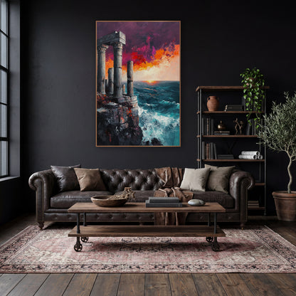 Cliffside Temple Ruins Seascape Dramatic wall art in a moody dark academia room – classical stone columns on a rocky