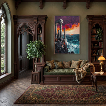 Cliffside Temple Ruins Seascape Dramatic wall art in a moody dark academia room – classical stone columns on a rocky