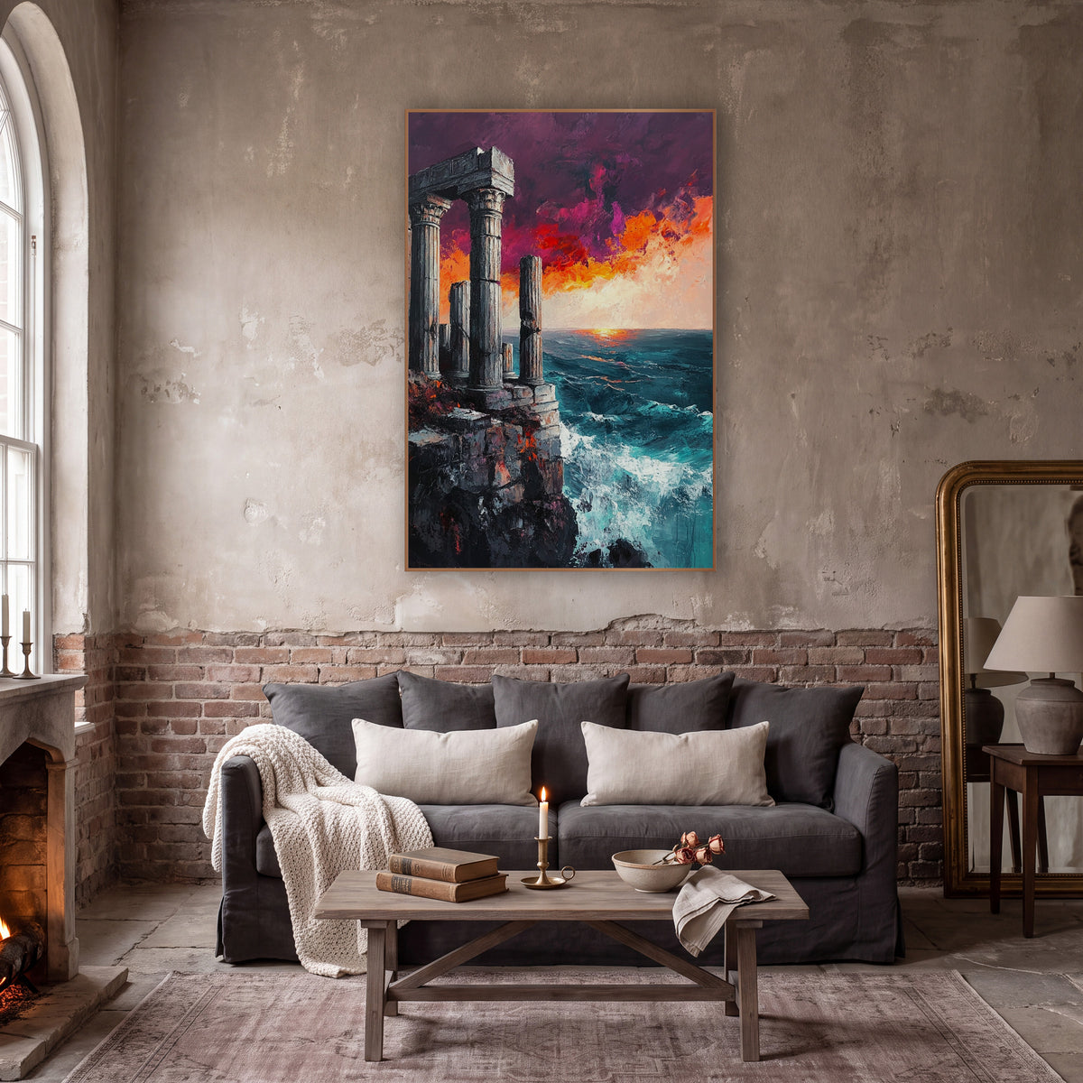 Cliffside Temple Ruins Seascape Dramatic wall art in a moody dark academia room – classical stone columns on a rocky