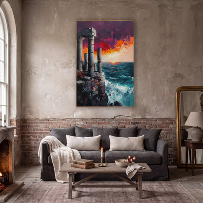 Cliffside Temple Ruins Seascape Dramatic wall art in a moody dark academia room – classical stone columns on a rocky
