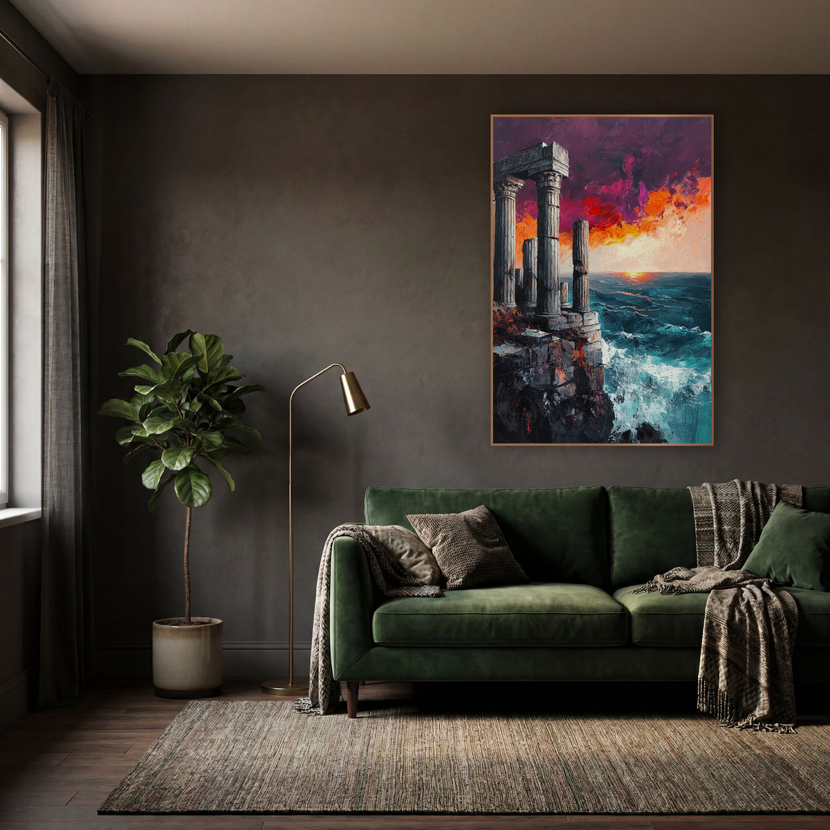 Cliffside Temple Ruins Seascape Dramatic wall art in a moody dark academia room – classical stone columns on a rocky