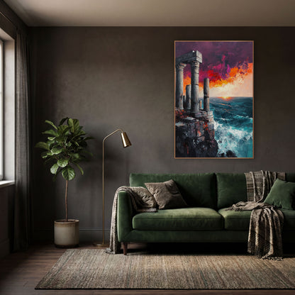 Cliffside Temple Ruins Seascape Dramatic wall art in a moody dark academia room – classical stone columns on a rocky
