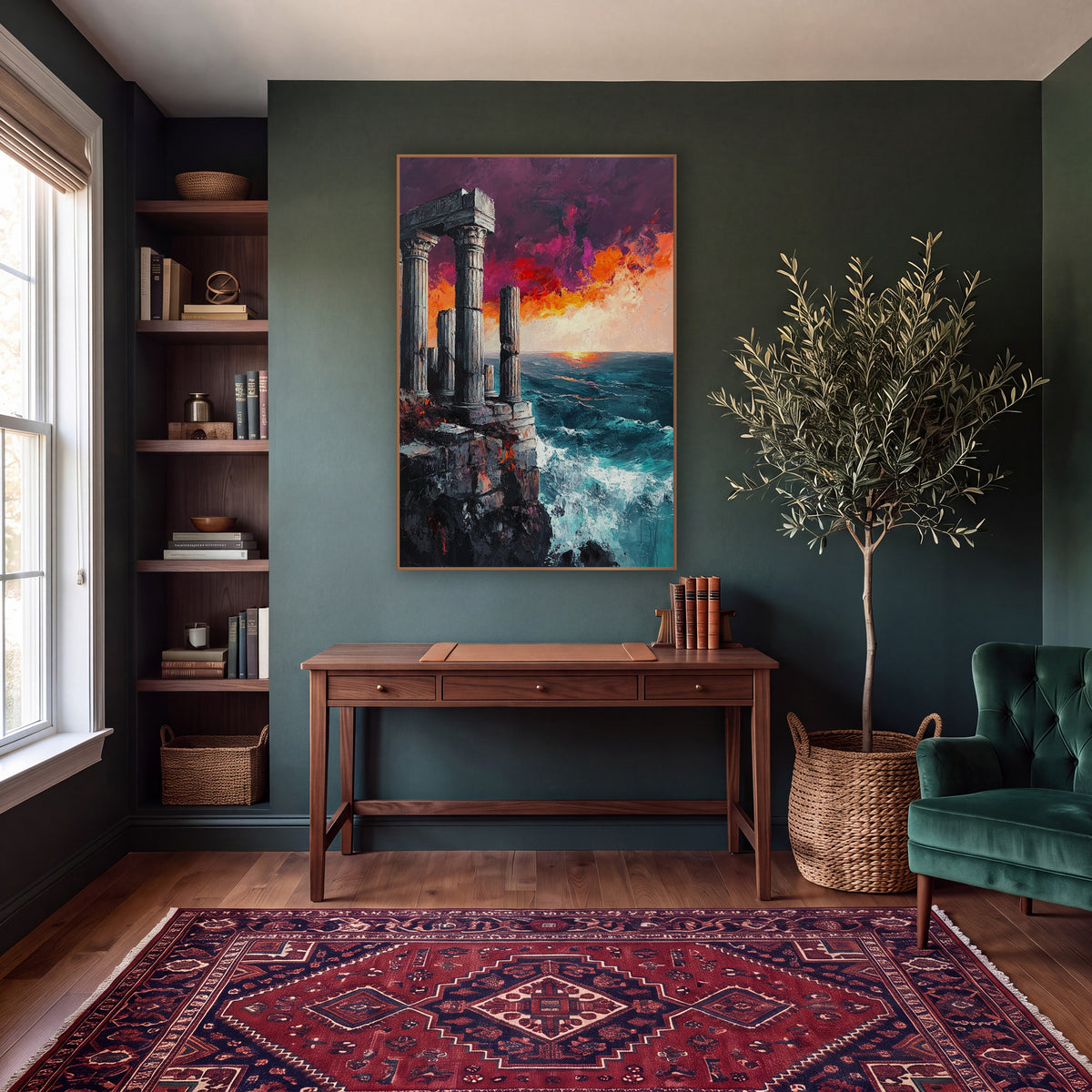 Cliffside Temple Ruins Seascape Dramatic wall art in a moody dark academia room – classical stone columns on a rocky