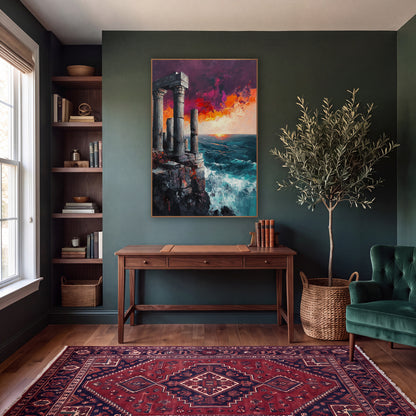 Cliffside Temple Ruins Seascape Dramatic wall art in a moody dark academia room – classical stone columns on a rocky