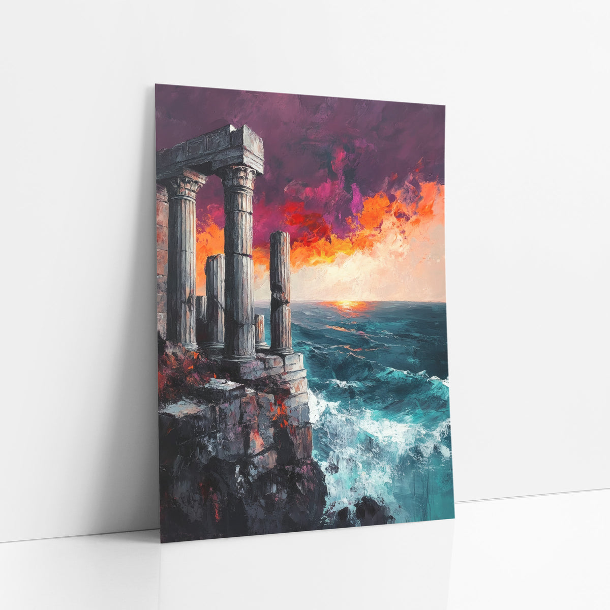 Cliffside Temple Ruins Seascape Dramatic art print leaning against a white wall – classical stone columns on a rocky cliff