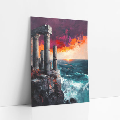 Cliffside Temple Ruins Seascape Dramatic art print leaning against a white wall – classical stone columns on a rocky cliff