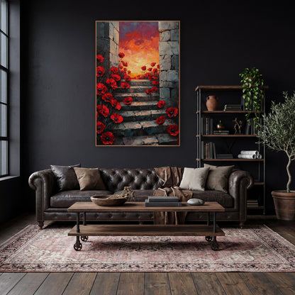 Red Poppy Stone Stairway Botanical wall art in a moody dark academia room – red poppies growing along worn stone steps