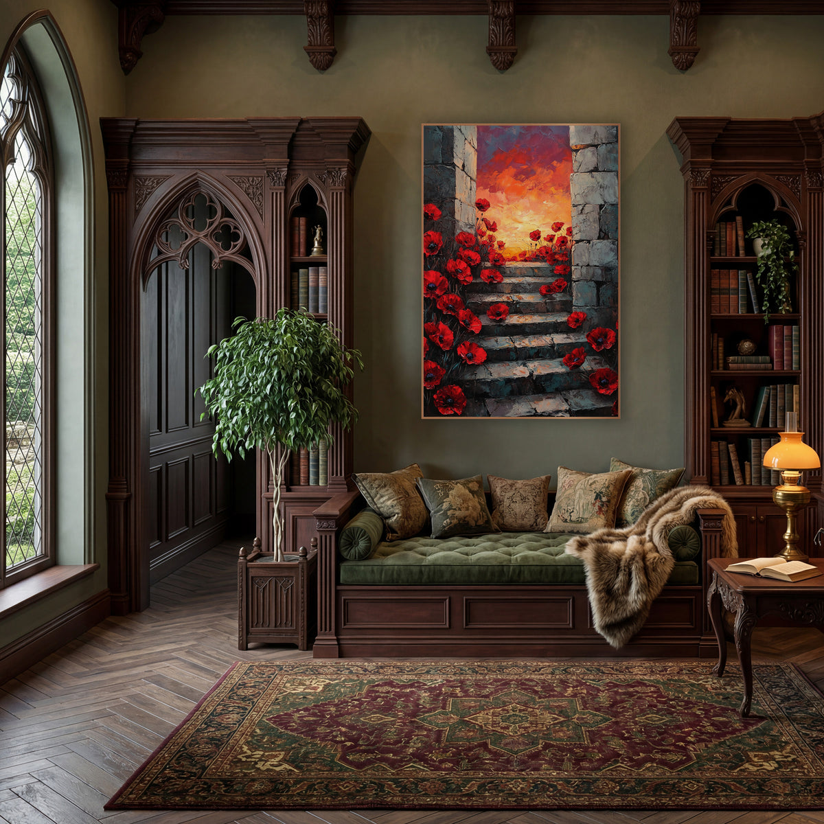 Red Poppy Stone Stairway Botanical wall art in a moody dark academia room – red poppies growing along worn stone steps