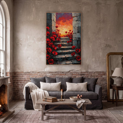 Red Poppy Stone Stairway Botanical wall art in a moody dark academia room – red poppies growing along worn stone steps