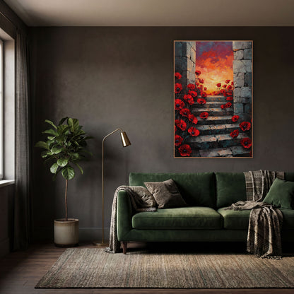 Red Poppy Stone Stairway Botanical wall art in a moody dark academia room – red poppies growing along worn stone steps