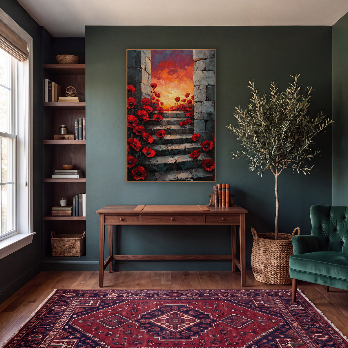 Red Poppy Stone Stairway Botanical wall art in a moody dark academia room – red poppies growing along worn stone steps