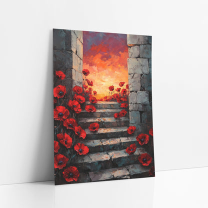 Red Poppy Stone Stairway Botanical art print leaning against a white wall – red poppies growing along worn stone steps