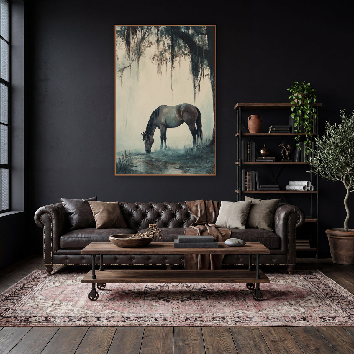 Grazing Horse Mossy Oak Tonalist wall art in a moody dark academia room – brown horse grazing by a pool under a dark