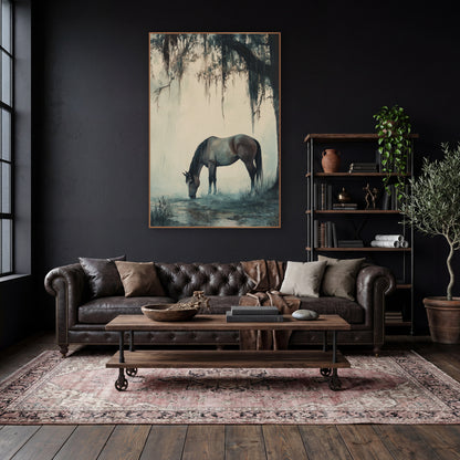 Grazing Horse Mossy Oak Tonalist wall art in a moody dark academia room – brown horse grazing by a pool under a dark