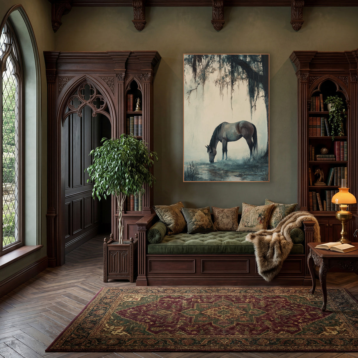 Grazing Horse Mossy Oak Tonalist wall art in a moody dark academia room – brown horse grazing by a pool under a dark