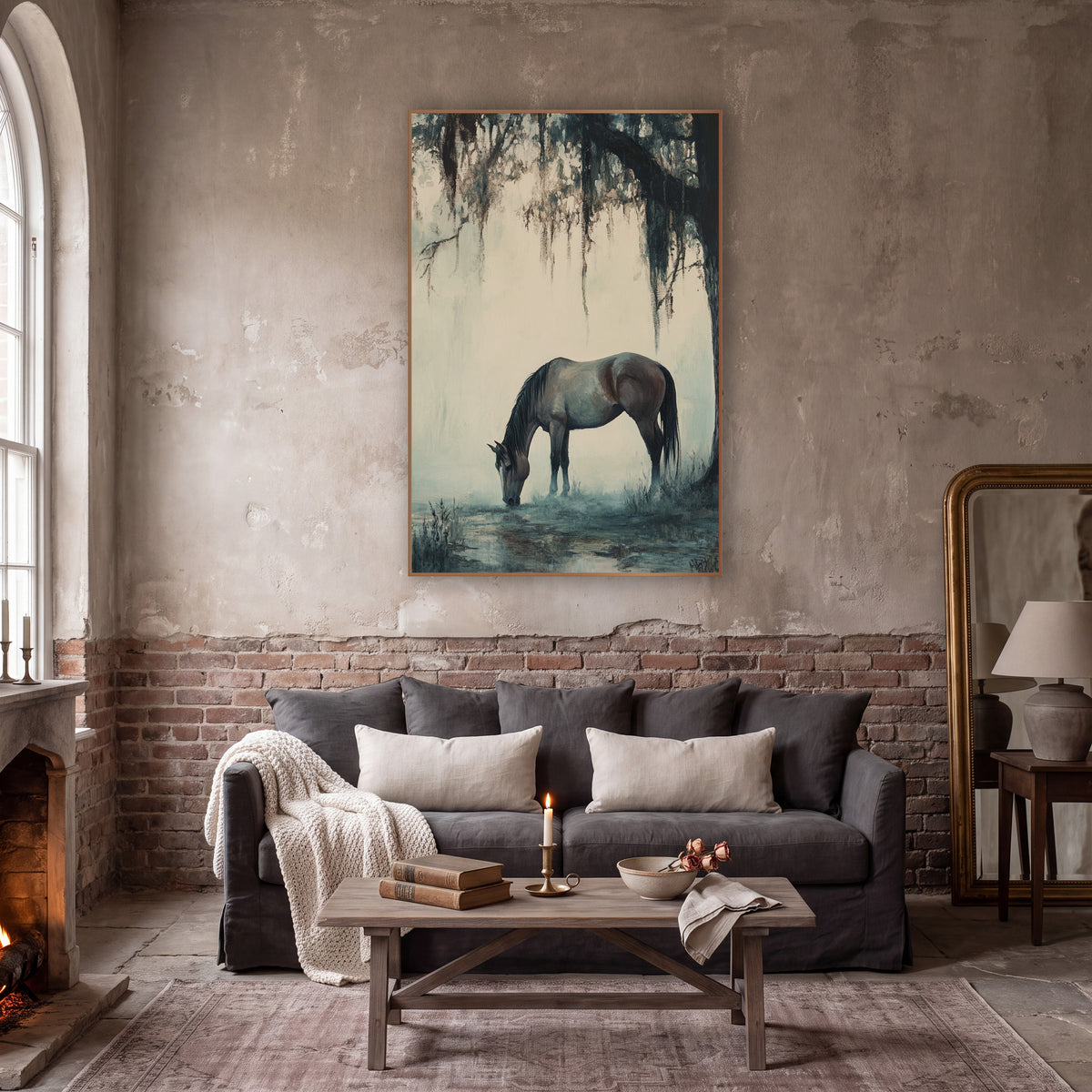 Grazing Horse Mossy Oak Tonalist wall art in a moody dark academia room – brown horse grazing by a pool under a dark