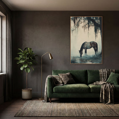Grazing Horse Mossy Oak Tonalist wall art in a moody dark academia room – brown horse grazing by a pool under a dark