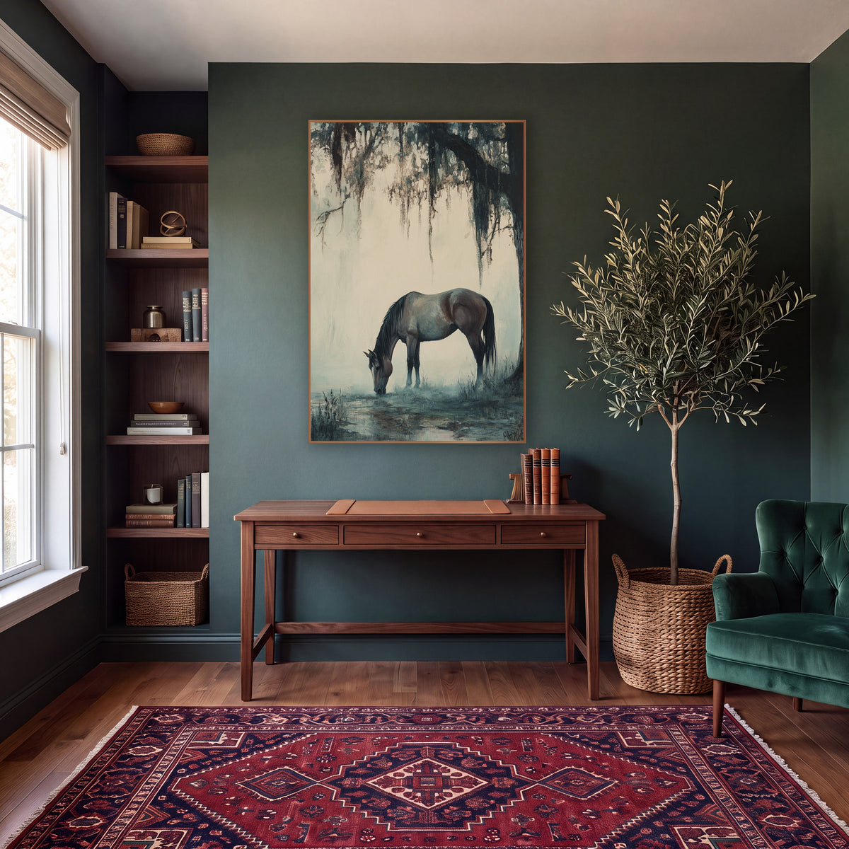 Grazing Horse Mossy Oak Tonalist wall art in a moody dark academia room – brown horse grazing by a pool under a dark