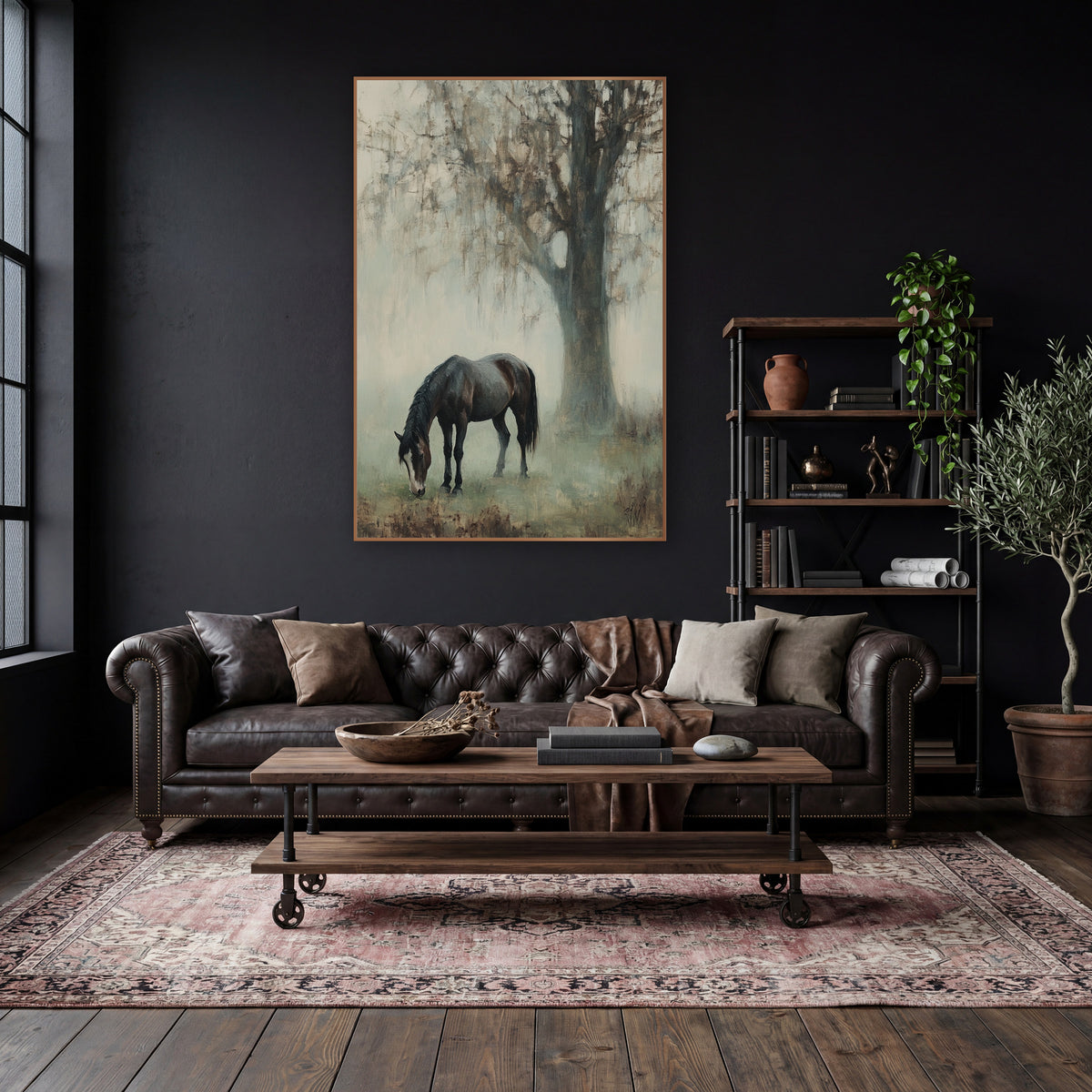 Grazing Horse Misty Landscape wall art in a moody dark academia room – dark brown horse grazing with head lowered