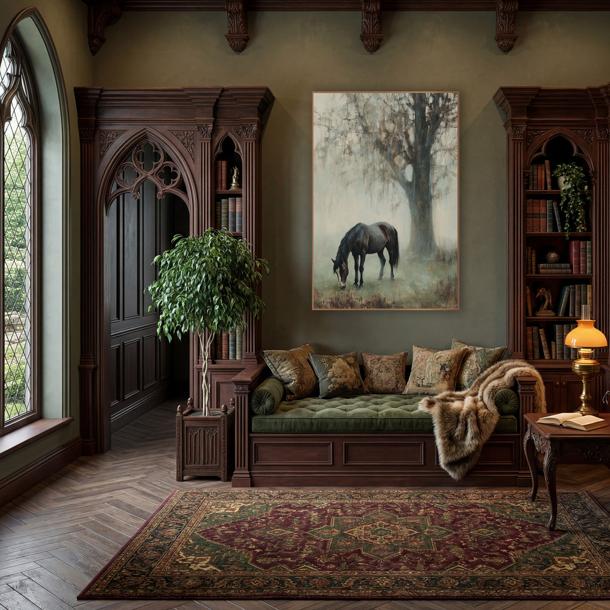 Grazing Horse Misty Landscape wall art in a moody dark academia room – dark brown horse grazing with head lowered