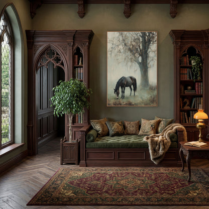 Grazing Horse Misty Landscape wall art in a moody dark academia room – dark brown horse grazing with head lowered