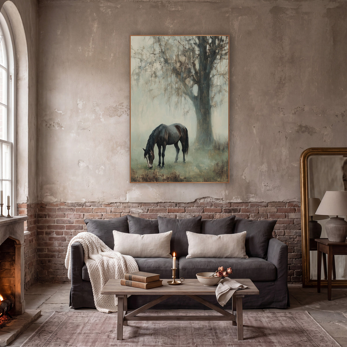 Grazing Horse Misty Landscape wall art in a moody dark academia room – dark brown horse grazing with head lowered