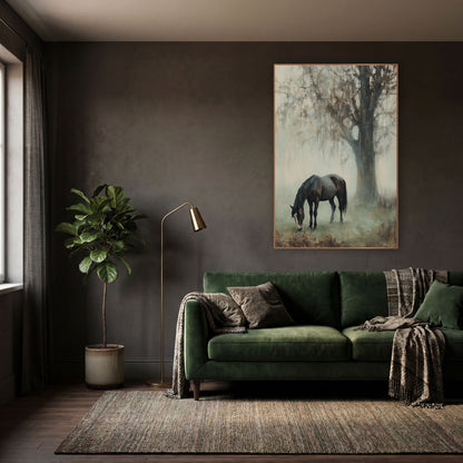 Grazing Horse Misty Landscape wall art in a moody dark academia room – dark brown horse grazing with head lowered