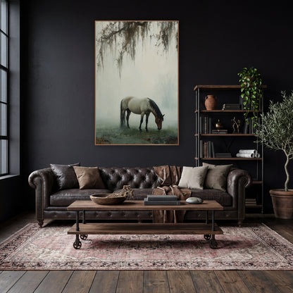 Misty Grazing Horse Tonalist Landscape wall art in a moody dark academia room – horse with dark mane grazing in thick