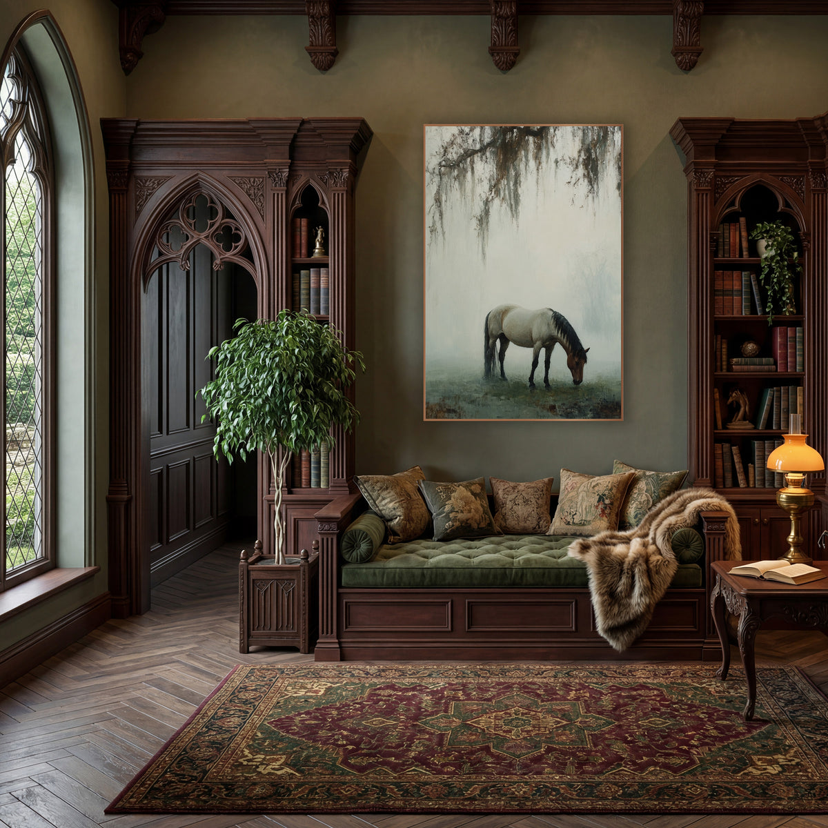 Misty Grazing Horse Tonalist Landscape wall art in a moody dark academia room – horse with dark mane grazing in thick