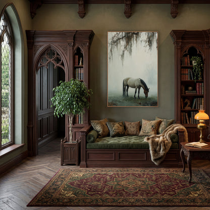 Misty Grazing Horse Tonalist Landscape wall art in a moody dark academia room – horse with dark mane grazing in thick
