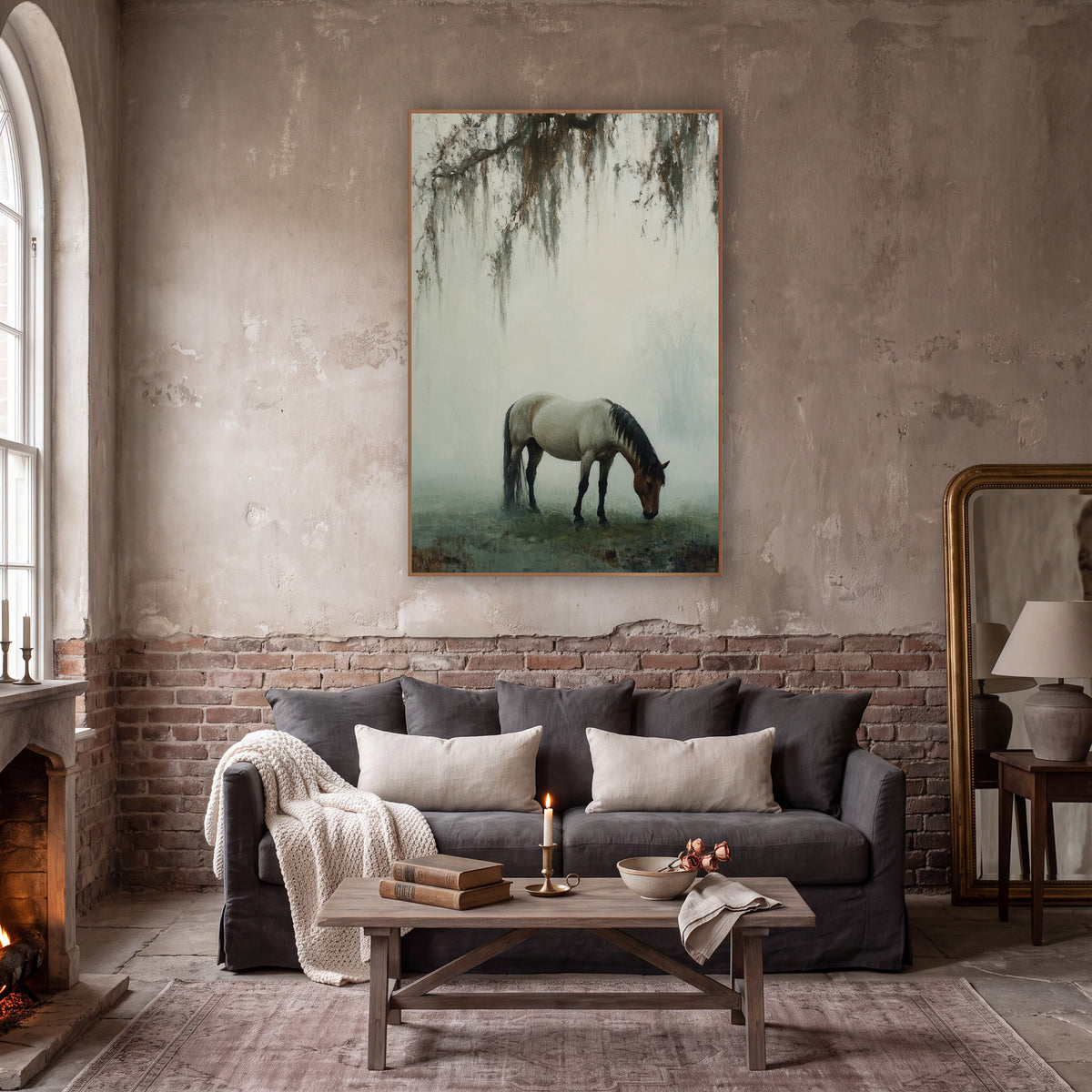 Misty Grazing Horse Tonalist Landscape wall art in a moody dark academia room – horse with dark mane grazing in thick