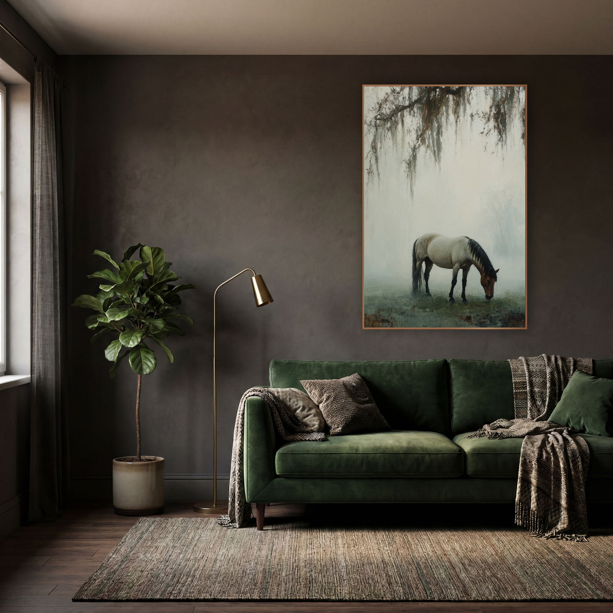 Misty Grazing Horse Tonalist Landscape wall art in a moody dark academia room – horse with dark mane grazing in thick