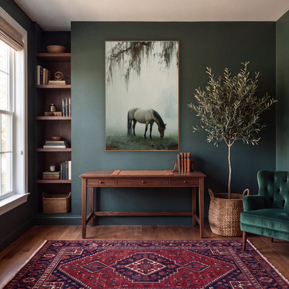 Misty Grazing Horse Tonalist Landscape wall art in a moody dark academia room – horse with dark mane grazing in thick