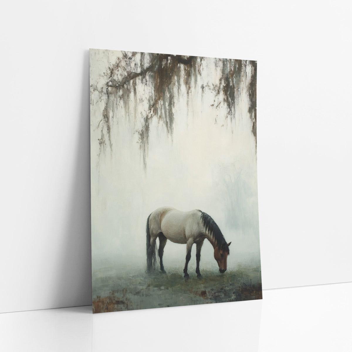 Misty Grazing Horse Tonalist Landscape art print leaning against a white wall – horse with dark mane grazing in thick pale