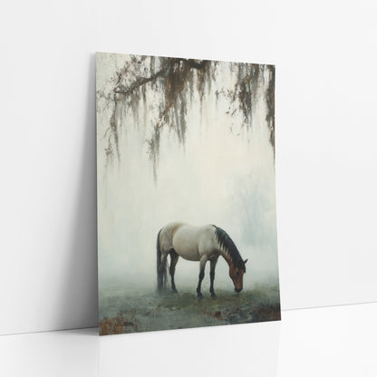 Misty Grazing Horse Tonalist Landscape art print leaning against a white wall – horse with dark mane grazing in thick pale