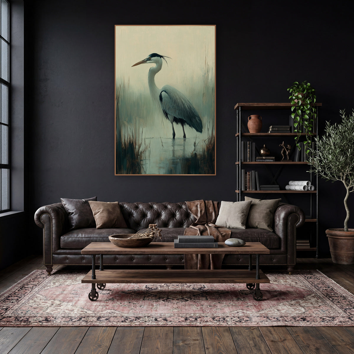 Misty Marsh Heron Tonalist Study wall art in a moody dark academia room – tonalist-style heron standing in shallow