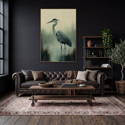 Misty Marsh Heron Tonalist Study wall art in a moody dark academia room – tonalist-style heron standing in shallow