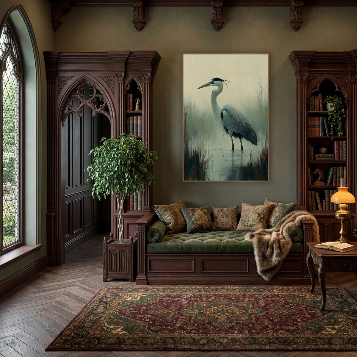 Misty Marsh Heron Tonalist Study wall art in a moody dark academia room – tonalist-style heron standing in shallow