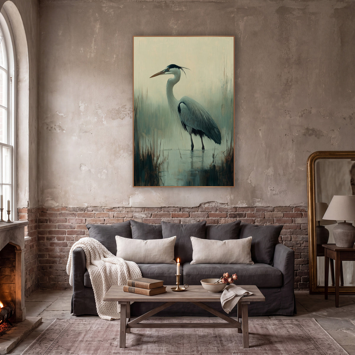 Misty Marsh Heron Tonalist Study wall art in a moody dark academia room – tonalist-style heron standing in shallow