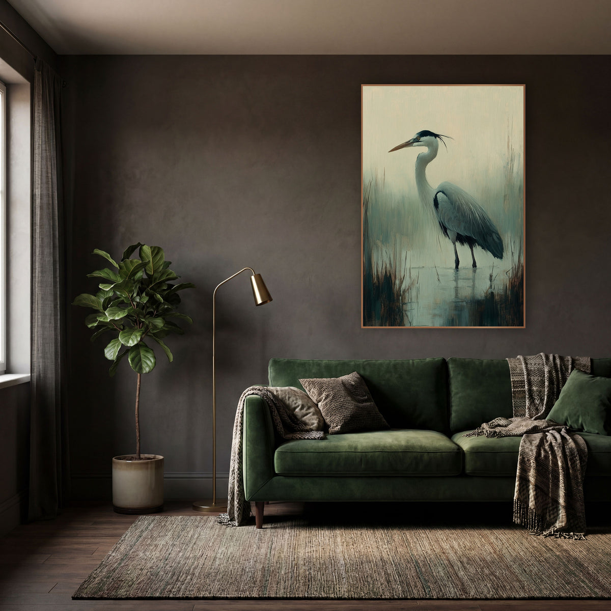 Misty Marsh Heron Tonalist Study wall art in a moody dark academia room – tonalist-style heron standing in shallow