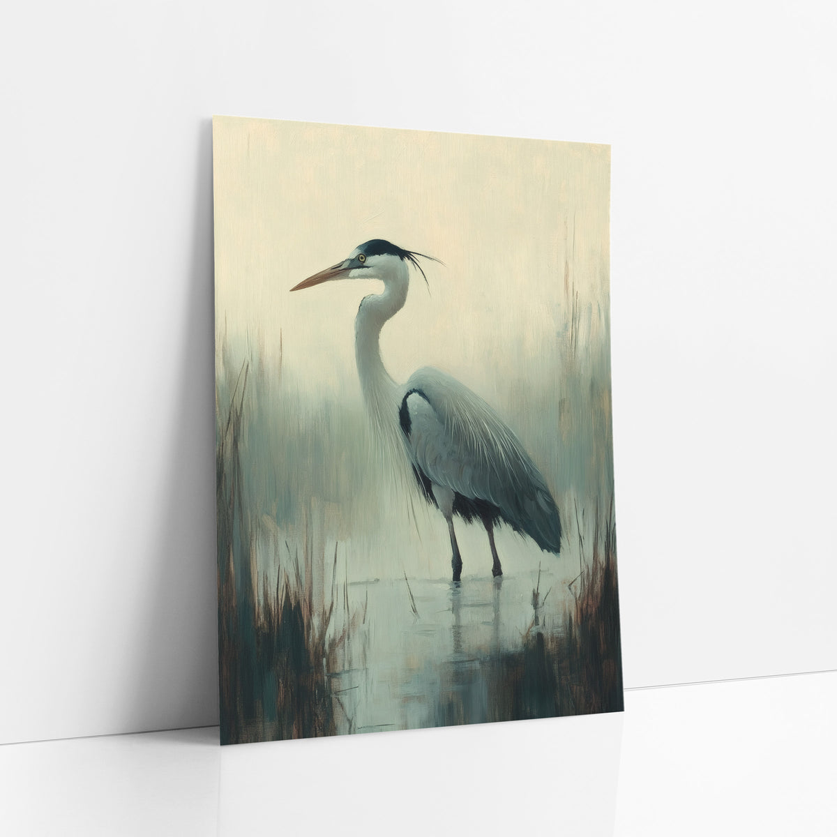 Misty Marsh Heron Tonalist Study art print leaning against a white wall – tonalist-style heron standing in shallow water