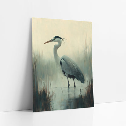 Misty Marsh Heron Tonalist Study art print leaning against a white wall – tonalist-style heron standing in shallow water