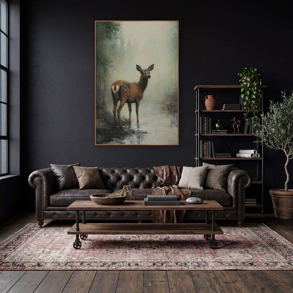 Misty Forest Doe Tonalist Landscape wall art in a moody dark academia room – brown deer standing in a shallow stream