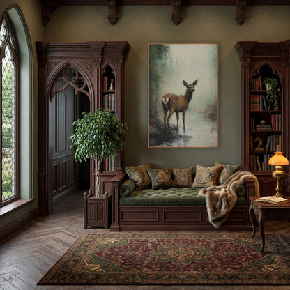 Misty Forest Doe Tonalist Landscape wall art in a moody dark academia room – brown deer standing in a shallow stream