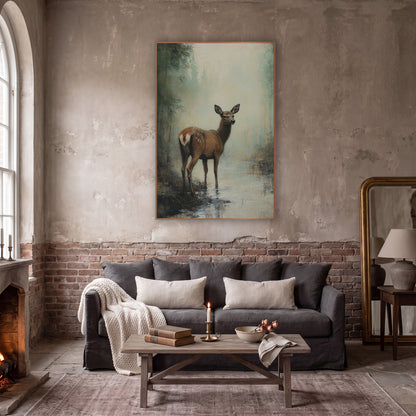 Misty Forest Doe Tonalist Landscape wall art in a moody dark academia room – brown deer standing in a shallow stream