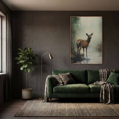 Misty Forest Doe Tonalist Landscape wall art in a moody dark academia room – brown deer standing in a shallow stream