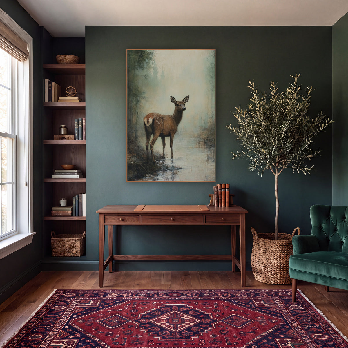 Misty Forest Doe Tonalist Landscape wall art in a moody dark academia room – brown deer standing in a shallow stream