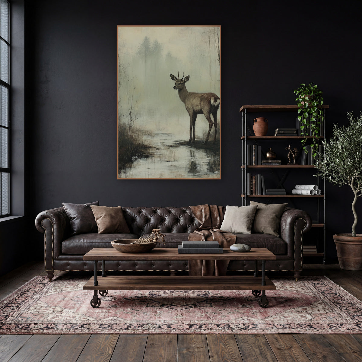 Young Deer Misty Marsh Landscape wall art in a moody dark academia room – young deer with short antlers standing