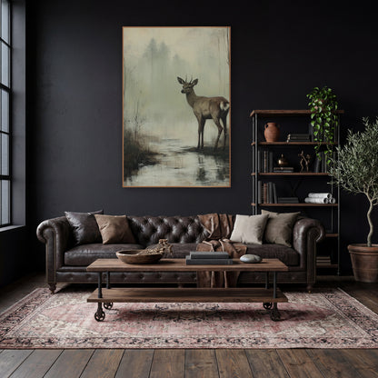 Young Deer Misty Marsh Landscape wall art in a moody dark academia room – young deer with short antlers standing
